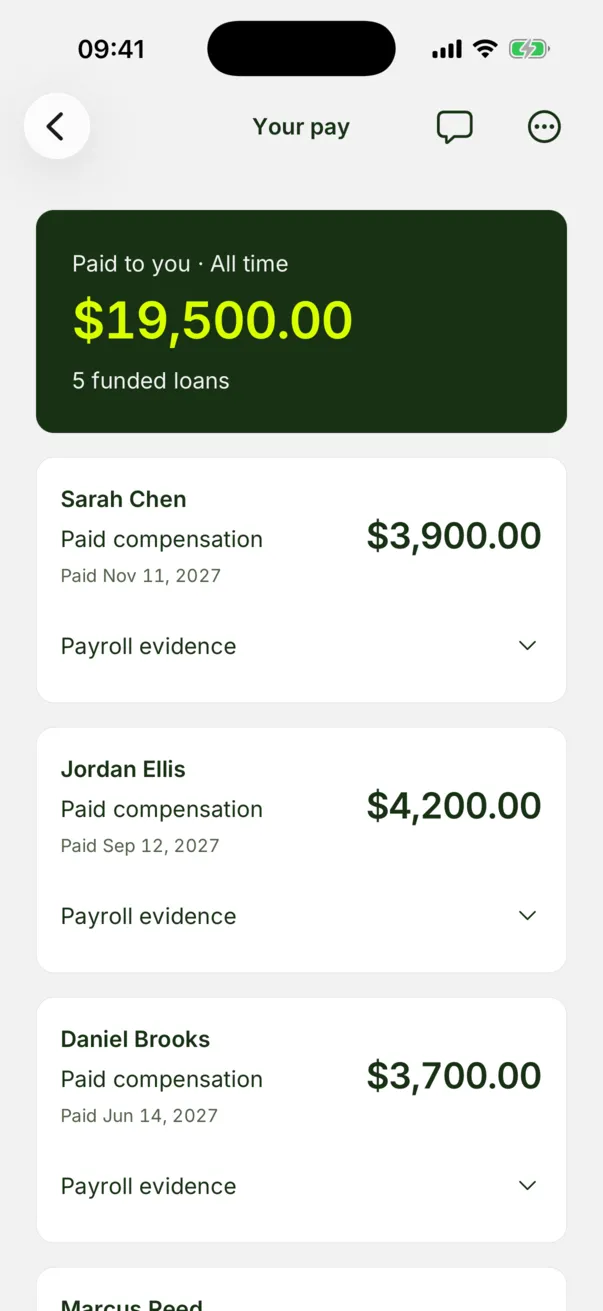 The Ike agent app’s Your pay screen: $19,500 paid to you across 5 funded loans, newest first, with Sarah Chen at $3,900